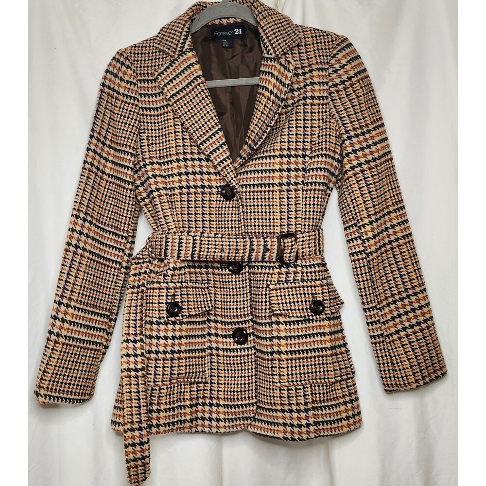 Plaid Wool Pea Coat S Orange Black Belted Winter Jacket Preppy Statement Blazer